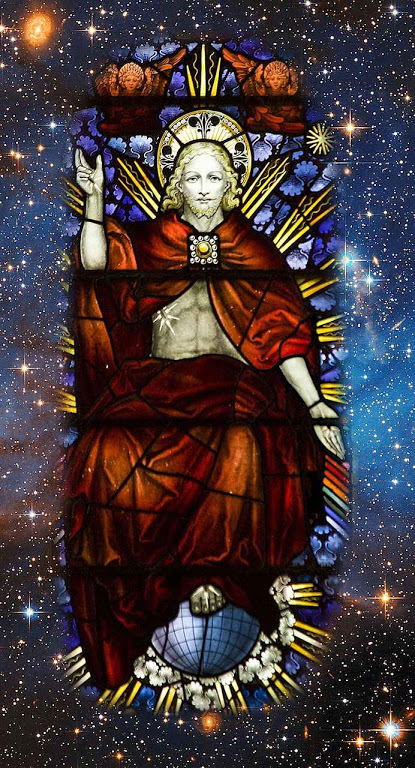 Cristo Rei, vitral da igreja de Ss Felipe e Tiago, Oxford Fundo regiao de formacao de estrelas na Nuvem de Magellhaes, foto Hubble Space Laboratory normal