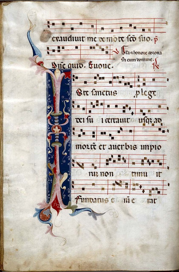 Partitura iluminada de Iste Sanctus. Music Library MS0797.