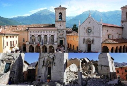 Em Núrsia, a Basílica antes e depois do terremoto do dia 30 de outubro
