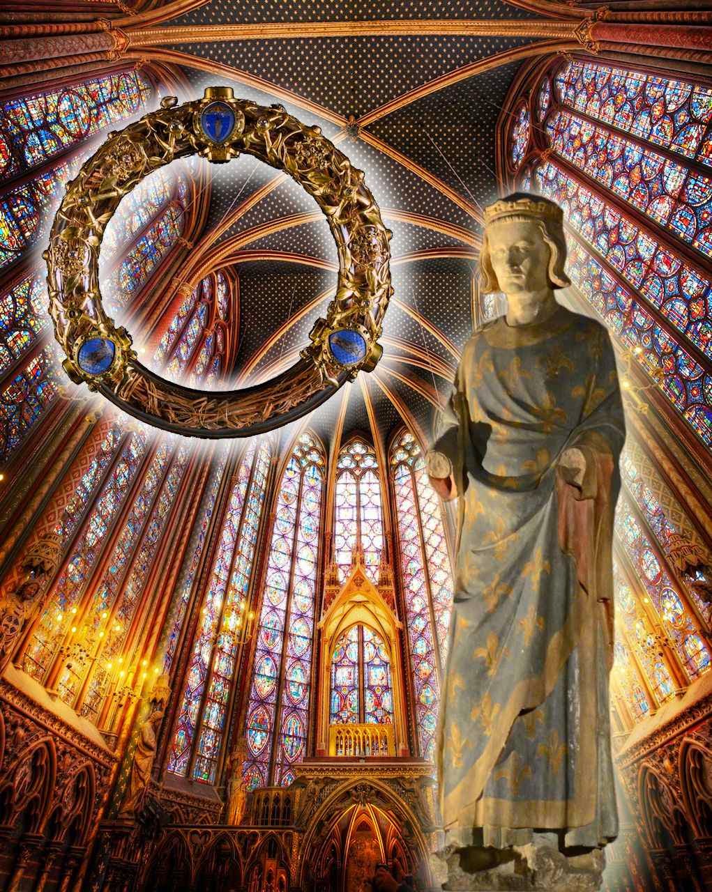 Sao Luis estatua na capela inferior da Sainte Chapelle Fondo capela superior Coroa de Espinhos no relicario atual