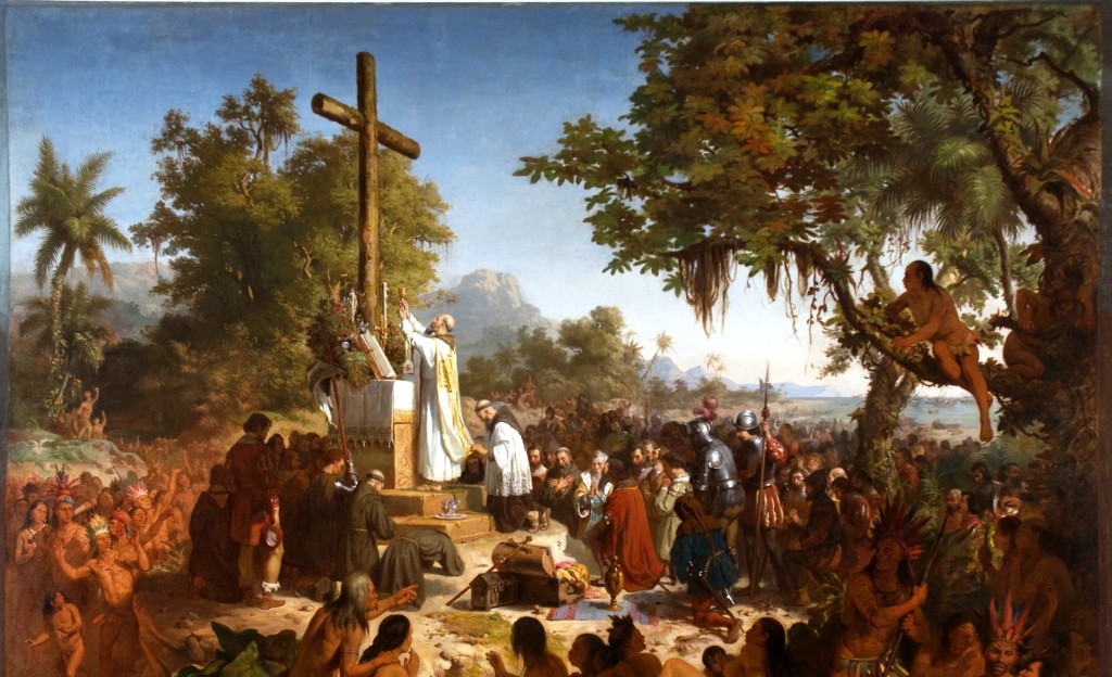A Primeira Missa No Brasil, celebrada pelo franciscano Frei Henrique de Coimbra, no dia 26 de abril de 1500, na praia da Coroa Vermelha, Porto Seguro (Bahia). Óleo de Victor Meirelles, Museu Nacional (RJ).